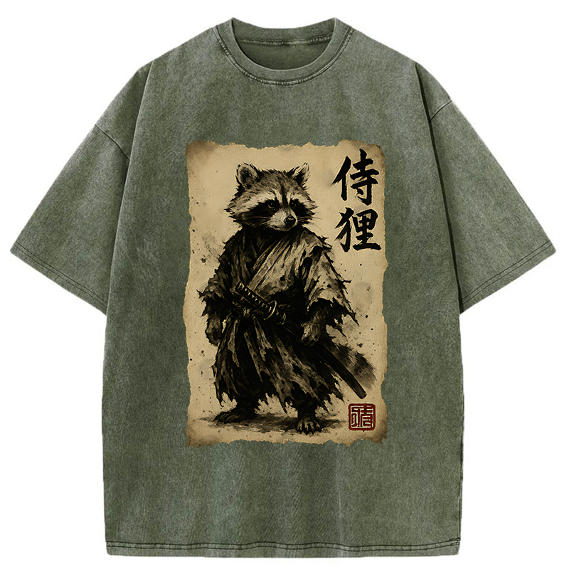 Tokyo-Tiger Retro Raccoon Samurai Washed T-Shirt