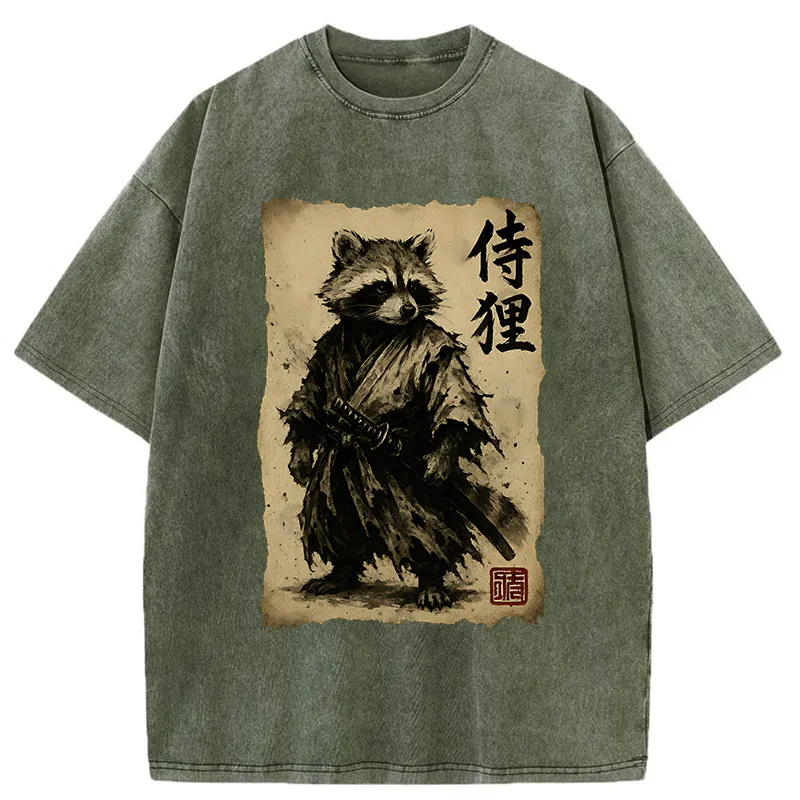 Tokyo-Tiger Retro Raccoon Samurai Washed T-Shirt