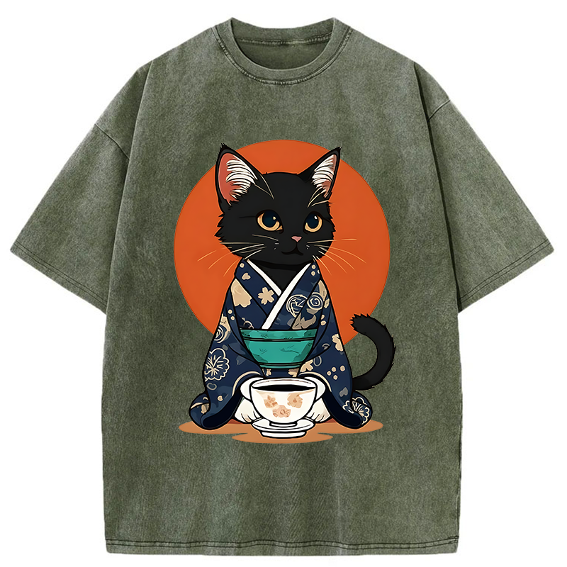 Tokyo-Tiger A Black Cat Wearing A Kimono Washed T-Shirt