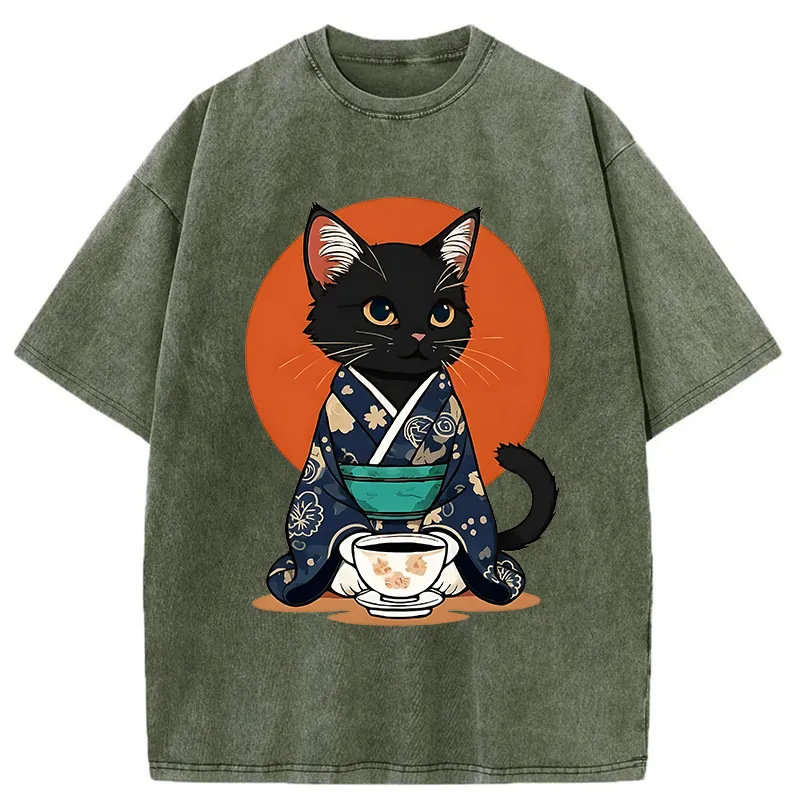 Tokyo-Tiger A Black Cat Wearing A Kimono Washed T-Shirt