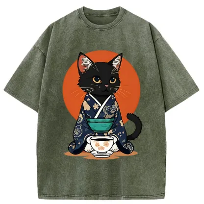 Tokyo-Tiger A Black Cat Wearing A Kimono Washed T-Shirt