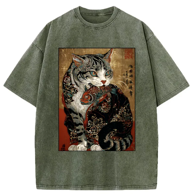 Tokyo-Tiger Gorgeous Cat Eats Fish Washed T-Shirt
