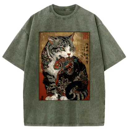 Tokyo-Tiger Gorgeous Cat Eats Fish Washed T-Shirt