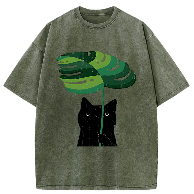 Tokyo-Tiger Monstera Deliciosa And Cat Washed T-Shirt