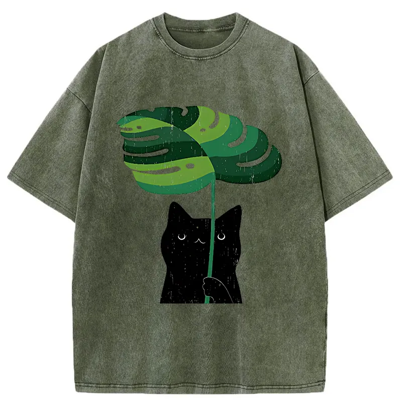 Tokyo-Tiger Monstera Deliciosa And Cat Washed T-Shirt