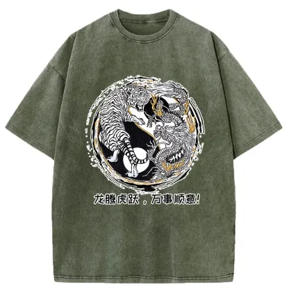 Tokyo-Tiger Dragon And Tiger Battle Washed T-Shirt