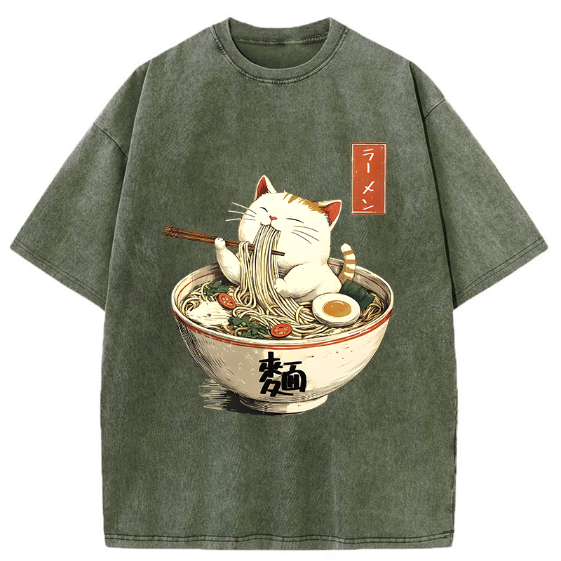 Tokyo-Tiger White Cat Eating Ramen Washed T-Shirt