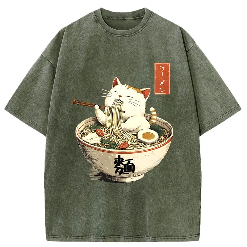 Tokyo-Tiger White Cat Eating Ramen Washed T-Shirt