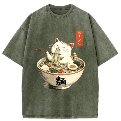 Tokyo-Tiger White Cat Eating Ramen Washed T-Shirt