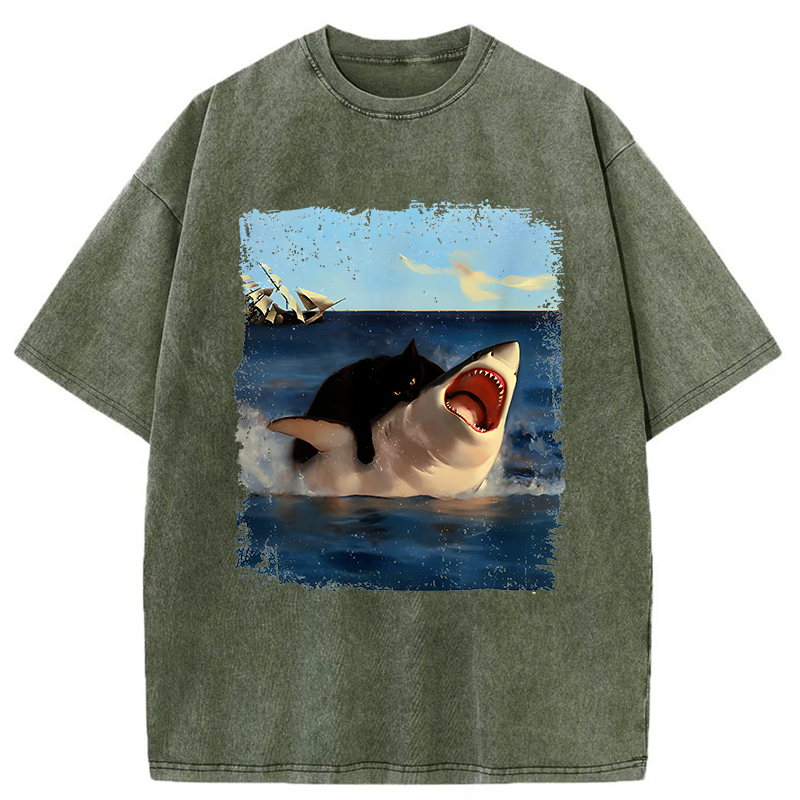 Tokyo-Tiger Cat Bites Shark Washed T-Shirt