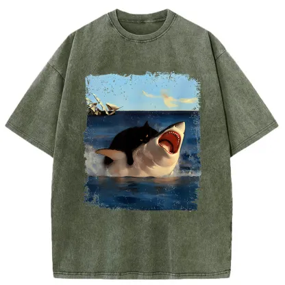 Tokyo-Tiger Cat Bites Shark Washed T-Shirt