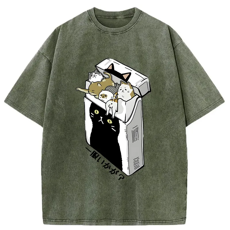 Tokyo-Tiger Have A Catgarette？ Washed T-Shirt Sale