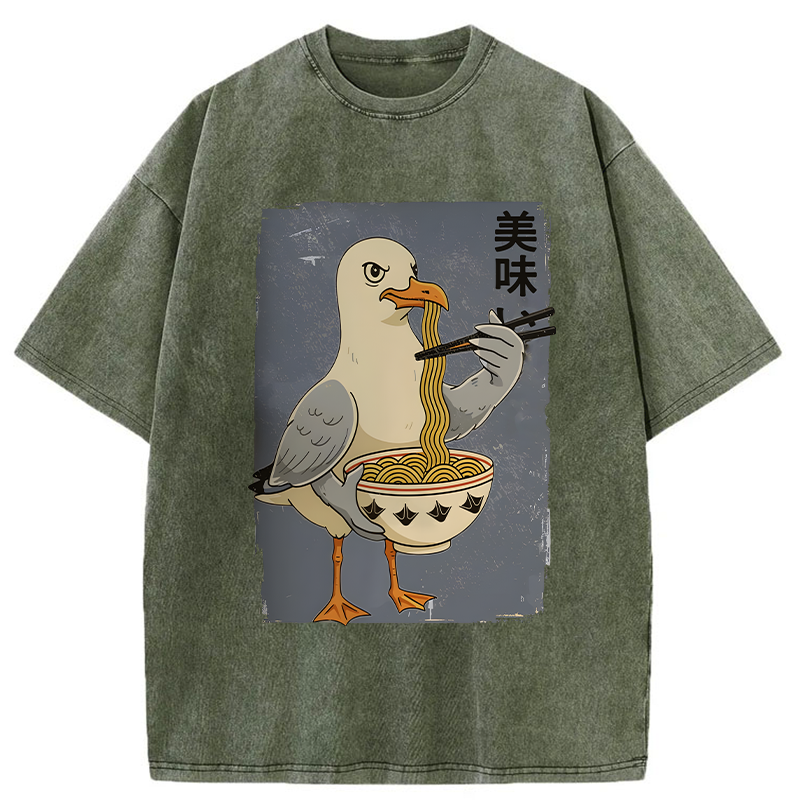 Tokyo-Tiger Pigeons Eating Ramen Washed T-Shirt
