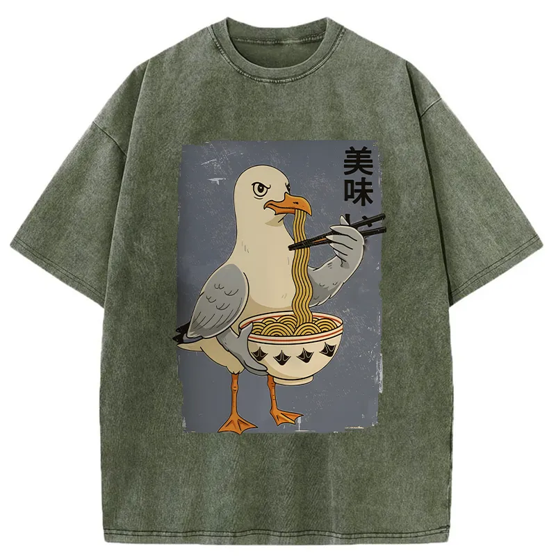 Tokyo-Tiger Pigeons Eating Ramen Washed T-Shirt
