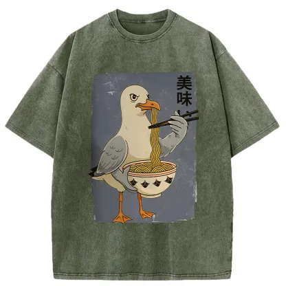 Tokyo-Tiger Pigeons Eating Ramen Washed T-Shirt