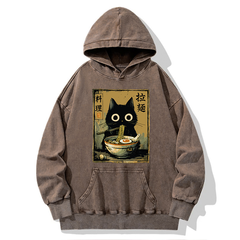 Tokyo-Tiger Cute Black Cat Eating Ramen Japan Washed Hoodie