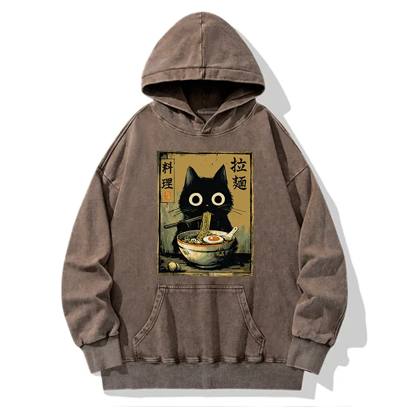 Tokyo-Tiger Cute Black Cat Eating Ramen Japan Washed Hoodie