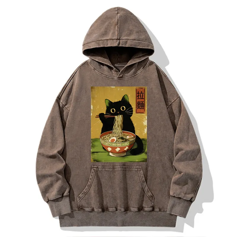 Tokyo-Tiger Vintage Japanese Cat Eating Ramen Washed Hoodie