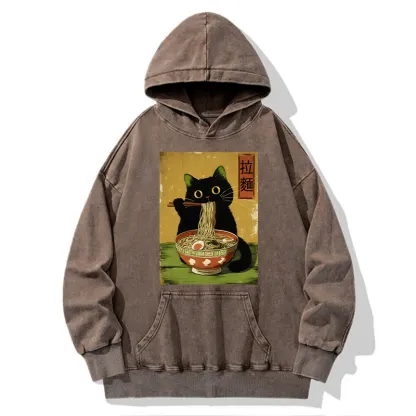 Tokyo-Tiger Vintage Japanese Cat Eating Ramen Washed Hoodie