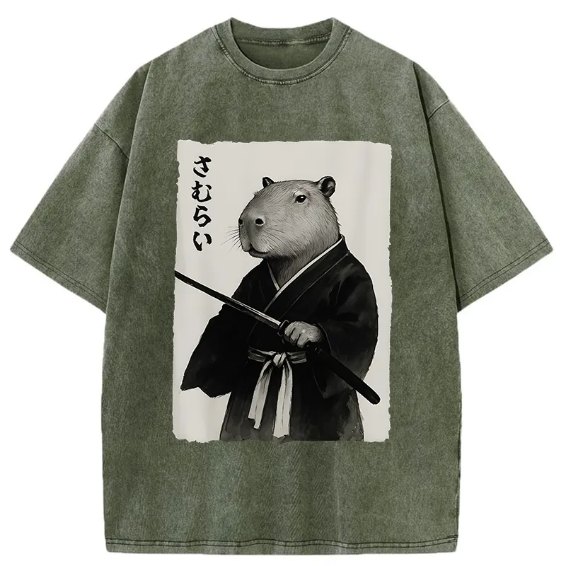 Tokyo-Tiger Capybara Japanese Samurai Washed T-Shirt