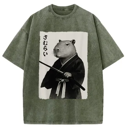Tokyo-Tiger Capybara Japanese Samurai Washed T-Shirt