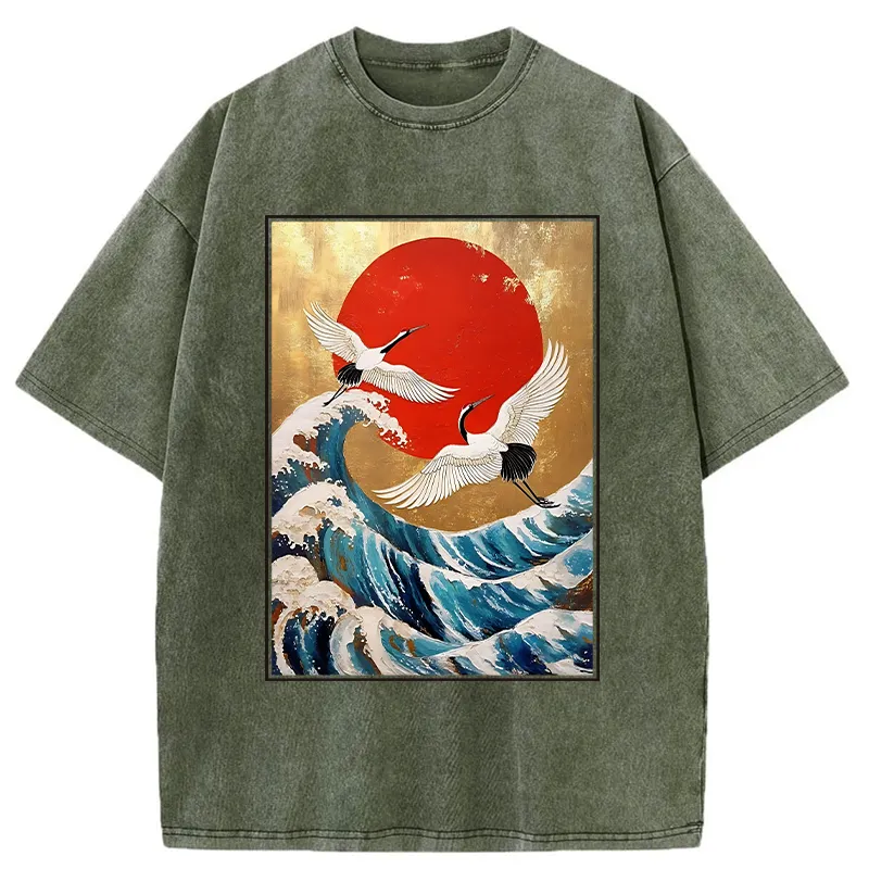 Tokyo-Tiger Cranes And Waves Ukiyo-e Washed T-Shirt