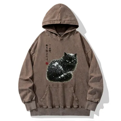 Tokyo-Tiger Black Cat Adorned by Snow Washed Hoodie