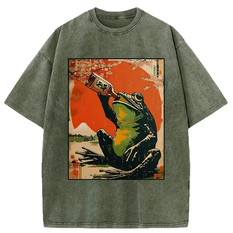 Tokyo-Tiger Frog Drinking Beer Washed T-Shirt