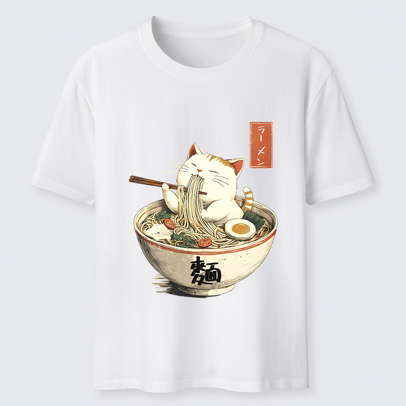Tokyo-Tiger White Cat Eating Ramen Japan Classic T-Shirt