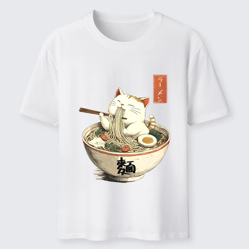Tokyo-Tiger White Cat Eating Ramen Japan Classic T-Shirt