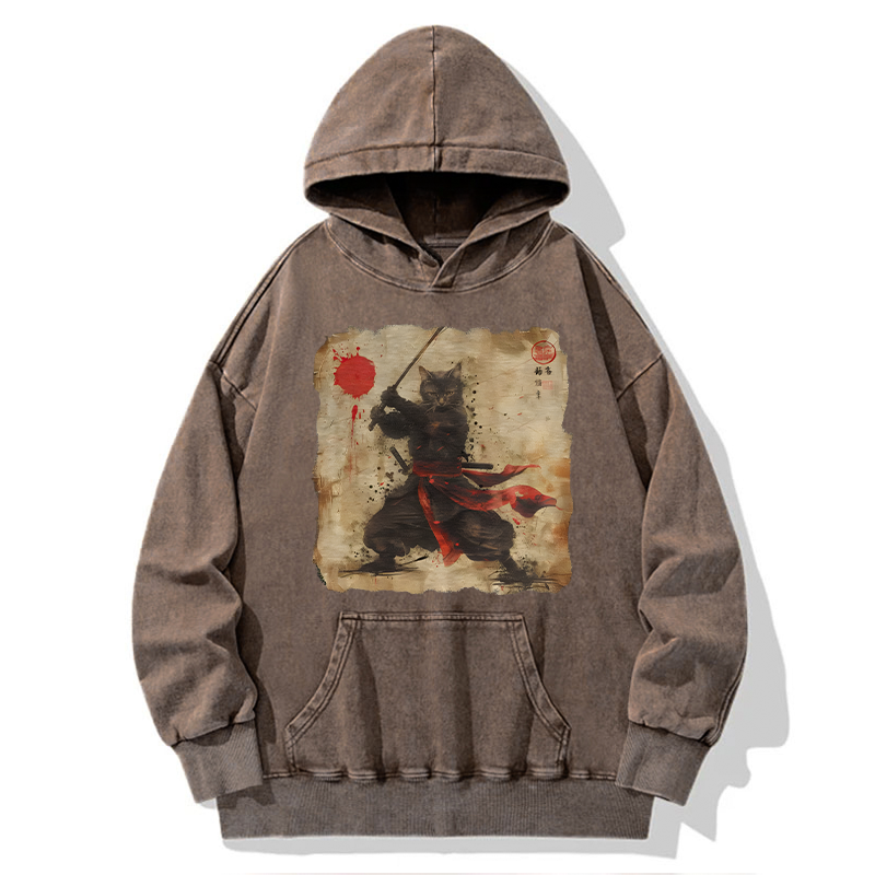 Tokyo-Tiger Retro Japanese Samurai Cat Washed Hoodie