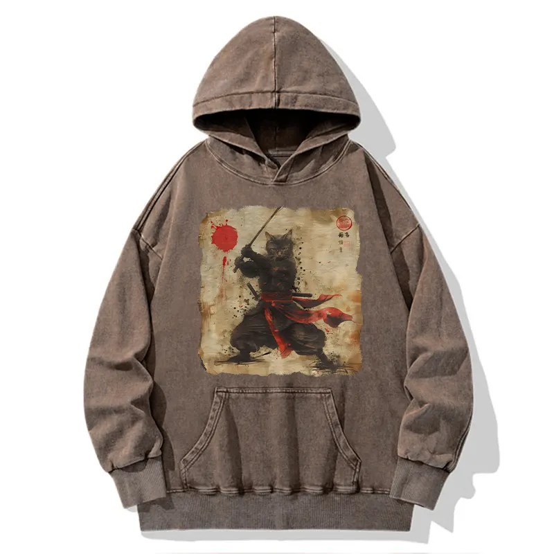 Tokyo-Tiger Retro Japanese Samurai Cat Washed Hoodie