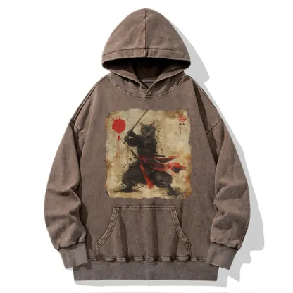 Tokyo-Tiger Retro Japanese Samurai Cat Washed Hoodie