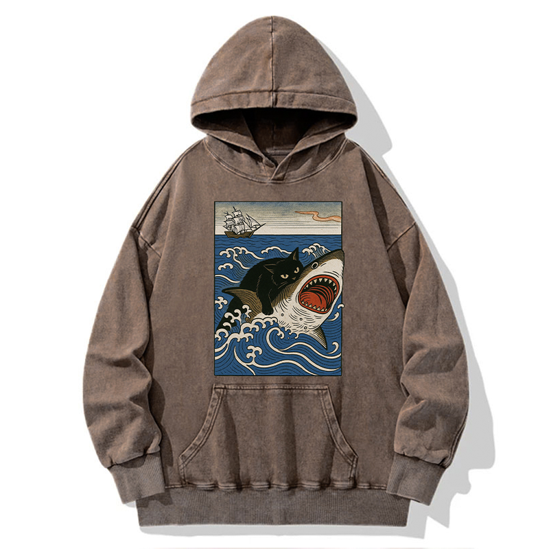 Tokyo-Tiger Cat Hunting Shark Washed Hoodie