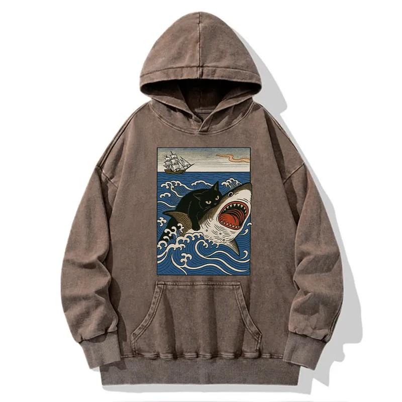 Tokyo-Tiger Cat Hunting Shark Washed Hoodie