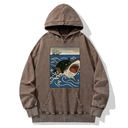 Tokyo-Tiger Cat Hunting Shark Washed Hoodie