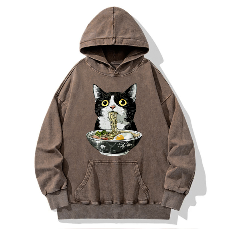 Tokyo-Tiger Cute Cat Eating Japan Ramen Washed Hoodie