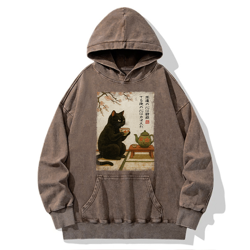 Tokyo-Tiger Tea Time With A Black Cat Washed Hoodie