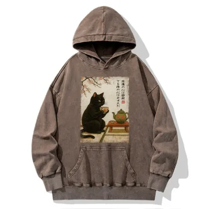 Tokyo-Tiger Tea Time With A Black Cat Washed Hoodie