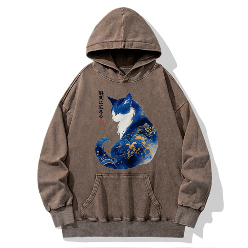 Tokyo-Tiger Retro Zen Cat: Living the Present Washed Hoodie