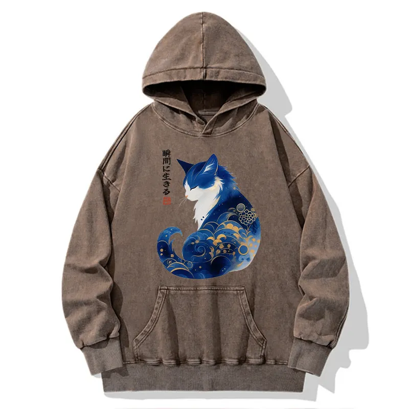 Tokyo-Tiger Retro Zen Cat: Living the Present Washed Hoodie
