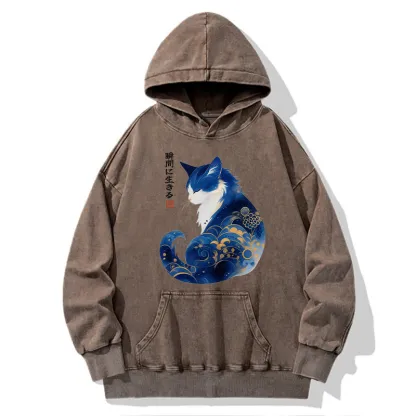 Tokyo-Tiger Retro Zen Cat: Living the Present Washed Hoodie