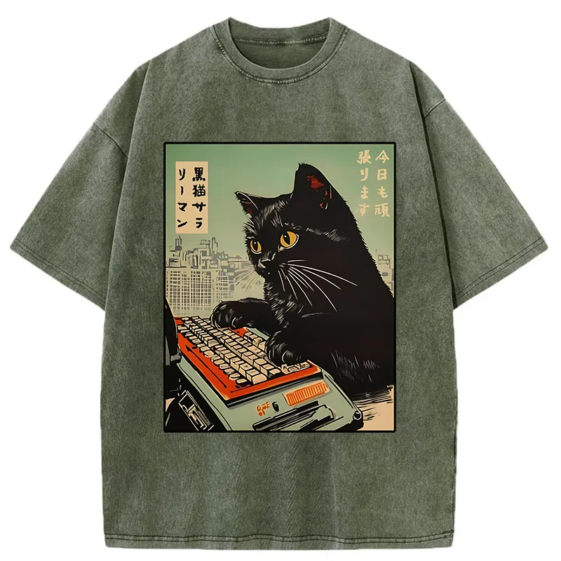 Tokyo-Tiger Cat Typing Washed T-Shirt