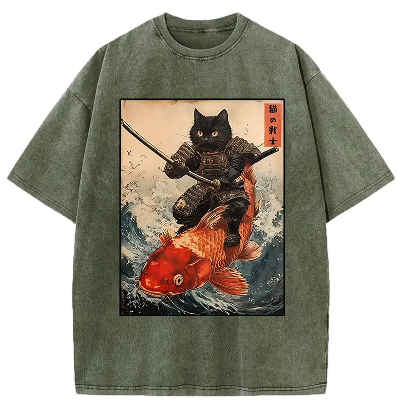 Tokyo-Tiger Cat Samurai Rides Koi Carp Washed T-Shirt