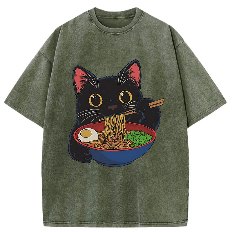 Tokyo-Tiger Black Cat Ate Japan Ramen Washed T-Shirt
