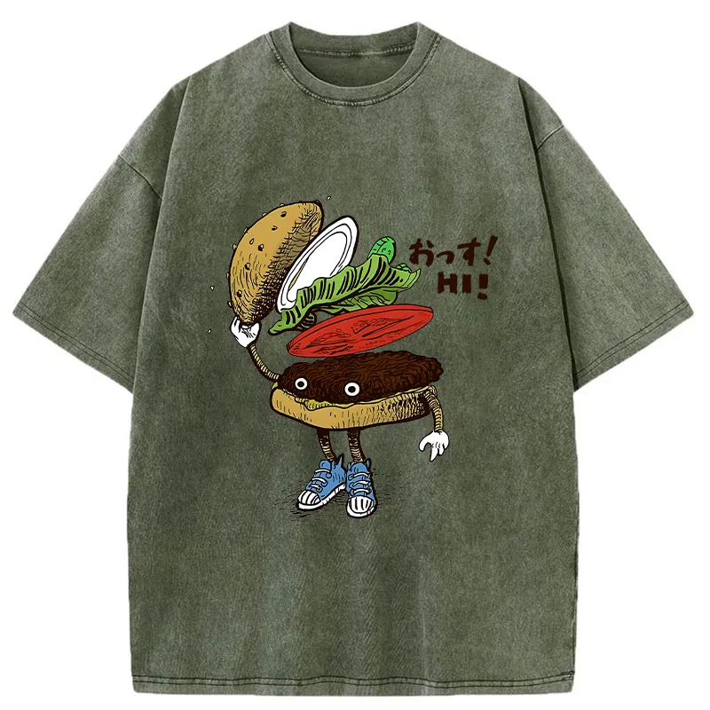 Tokyo-Tiger Hamburger That Says Hello Washed T-Shirt