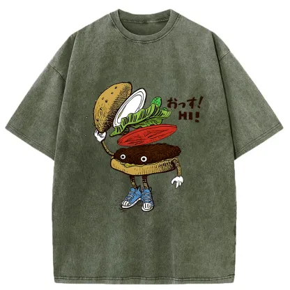 Tokyo-Tiger Hamburger That Says Hello Washed T-Shirt