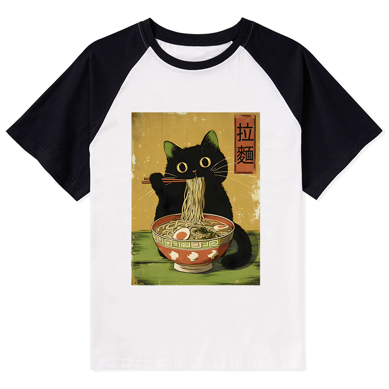 Tokyo-Tiger Vintage Japanese Cat Eating Ramen Raglan T-shirt