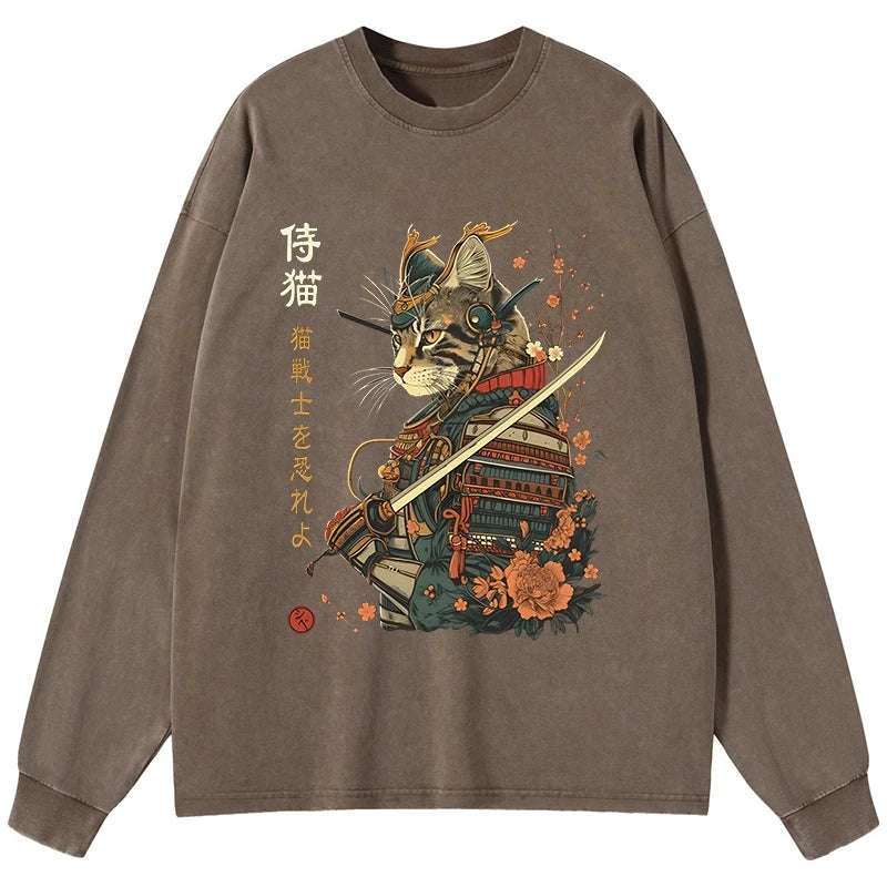 Tokyo-Tiger Cat Samurai Japanese Art Washed Long Sleeve T-Shirt