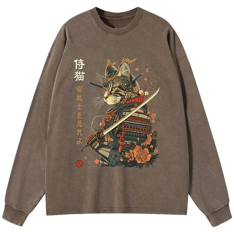 Tokyo-Tiger Cat Samurai Japanese Art Washed Long Sleeve T-Shirt